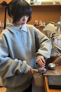 2026早春新款港风日系复古简约纯色套头POLO领卫衣男女 ZW432-P40图片