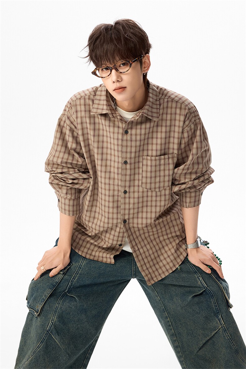 格子衬衫春松弛感老钱风衬衣宽松上衣外套男女C61311-TP4588,男装衬衫,电商A102