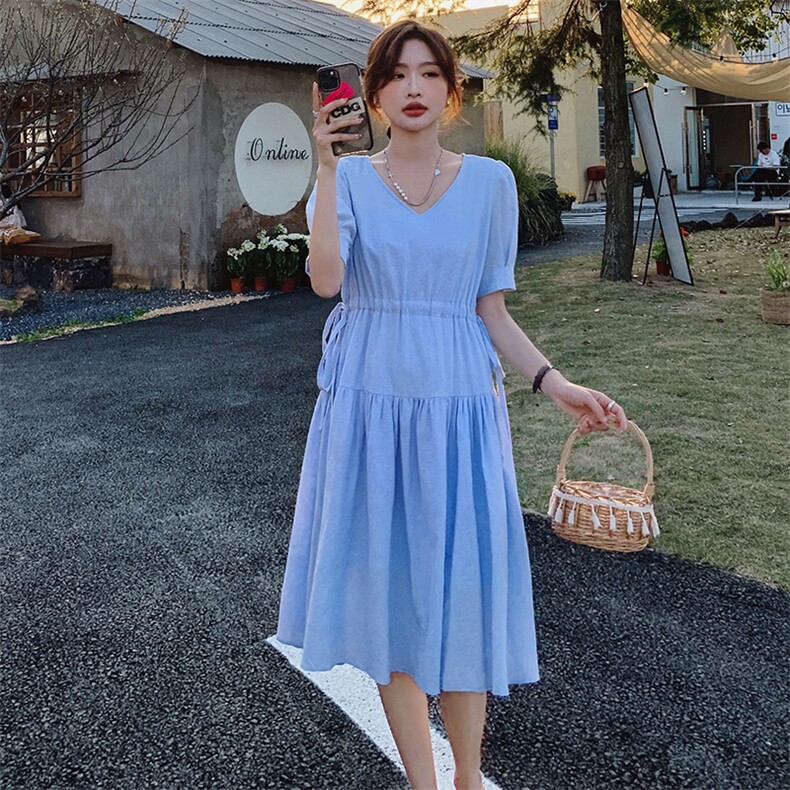 （现货）收腰泡泡袖连衣裙女2024年夏季新款时尚气质法式V领裙子,女装连衣裙,唯依ONLY