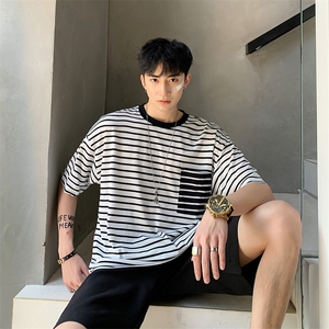 港风撞色新款条纹宽松百搭半袖夏季潮流ins男A452--1906图片