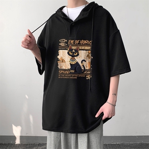 LD5429-P45 连帽短袖t恤男大码胖子带帽五分袖中袖图片