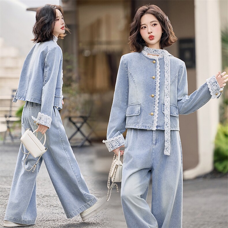 牛仔套装女春装2025新款超火开春穿搭小个子阔腿裤两件套洋气时尚,女装套装/套裙,天丝秀