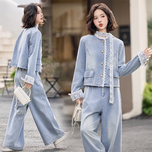 牛仔套装女春装2025新款超火开春穿搭小个子阔腿裤两件套洋气时尚图片
