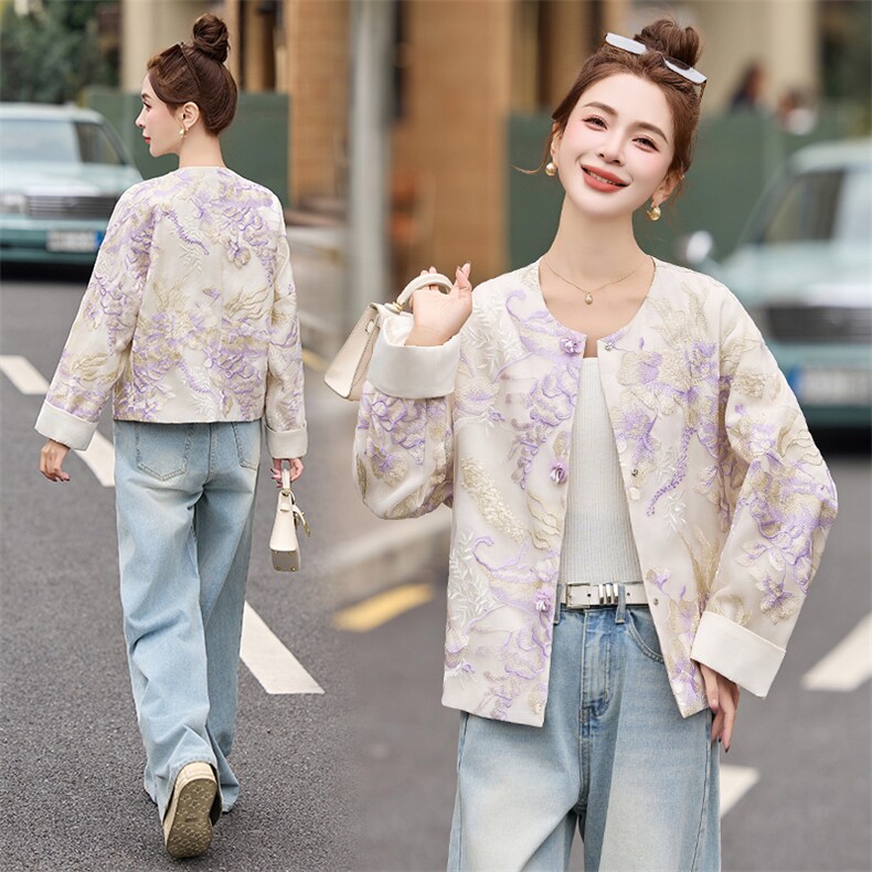 2025春夏季新款紫色重工刺绣提花蕾丝防晒衣新中式国风短款外套女,女装短外套,伊仟回