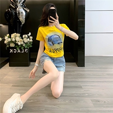 女夏季新款韩版运动休闲套装卡通印花圆领短袖宽松牛仔短裤两件套，女装套装/套裙，江南