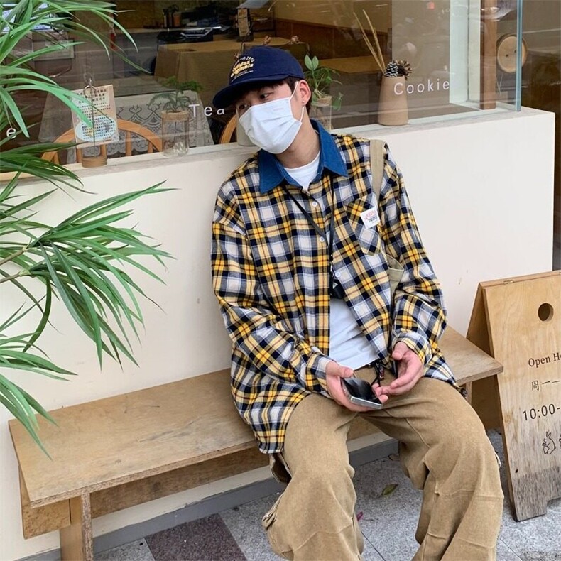 美式复古格纹宽松休闲长袖衬衫男女百搭撞色衬衣外套秋2025夏季上,男装衬衫,星座506A