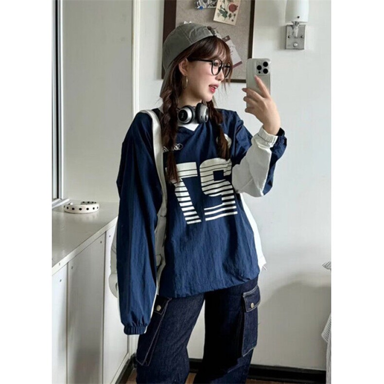 复古拼接撞色v领工装卫衣女春秋宽松设计感休闲运动风上衣 TC03图片