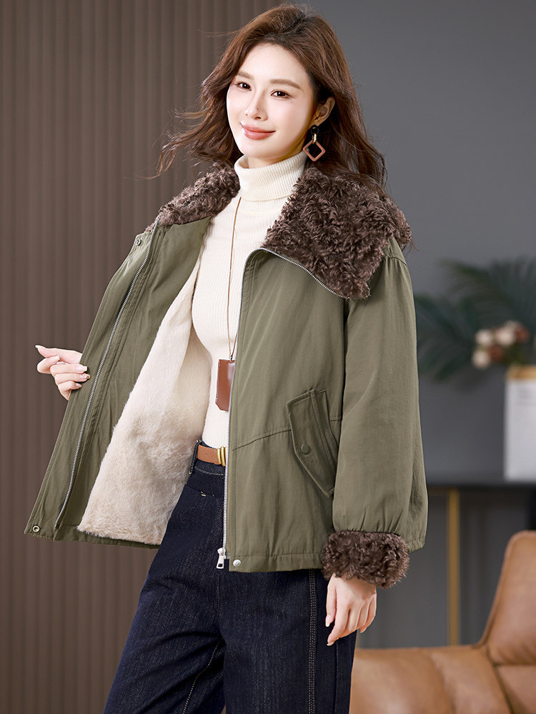 冬季加绒派克服棉衣女2025新款小个子针织连帽休闲工装棉衣外套,女装棉衣/棉服,江忆布依
