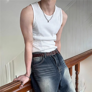 美式背心男修身夏季螺纹竖条纹紧身弹力拼接健身圆领坎肩无袖背心图片