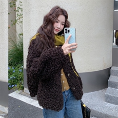 韩版加绒加厚外套女2025秋冬季新款卷毛中长款皮草毛毛圆领大衣，女装短外套，2C317A