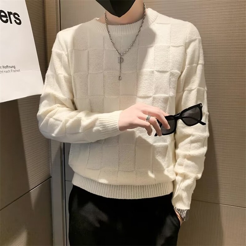 圆领纯色棋盘格子毛衣男生修身慵懒风毛衫线衣打底针织衫S517，男装针织衫/毛衣，星座1116A-2（原606A-1）
