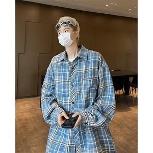 长袖衬衫男款2024春秋新款痞帅潮流日系复古格子大码翻领衬衣外套图片