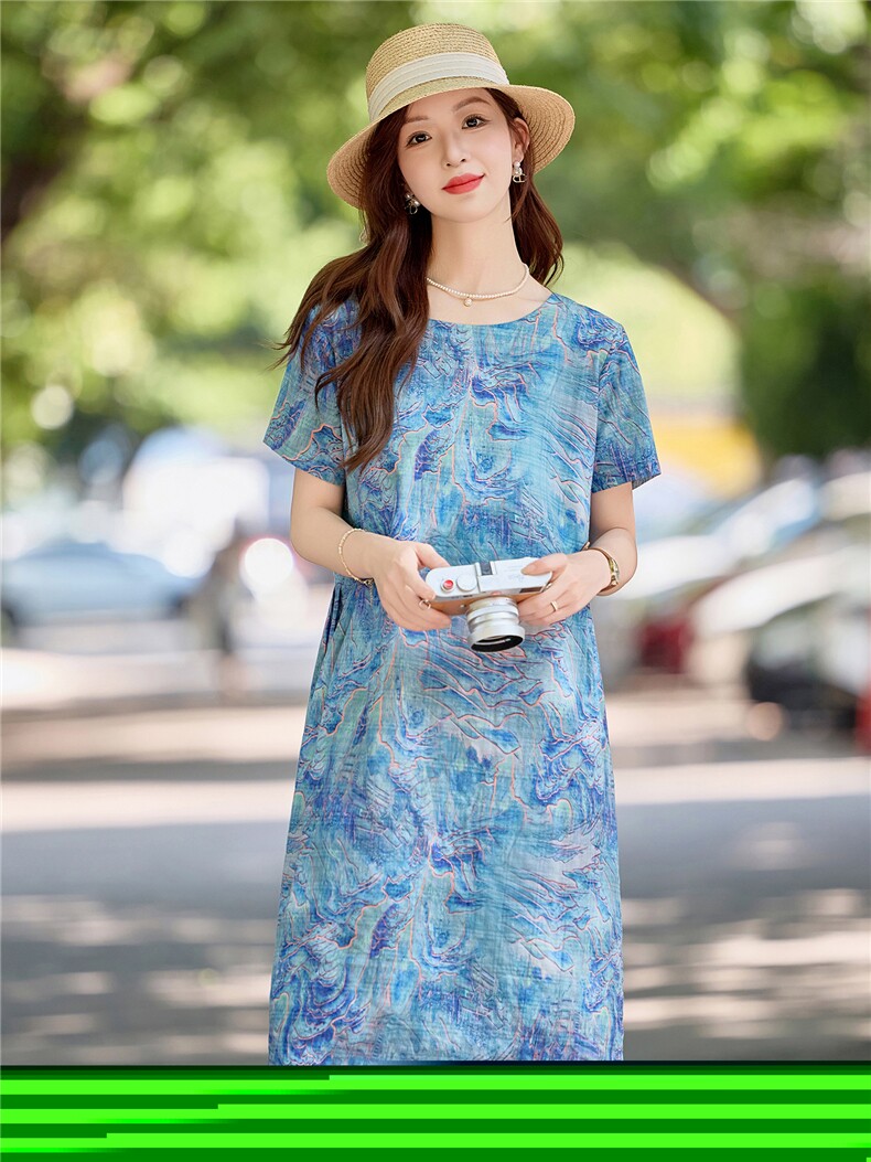洋气减龄棉麻碎花连衣裙女夏2026新款宽松遮肚显瘦a字亚麻印花裙,女装连衣裙,倪叶myz