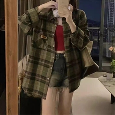 绿色格子衬衫女春秋字母刺绣休闲衬衣防晒外套美式学院风上衣，男装防晒衣，星座506A