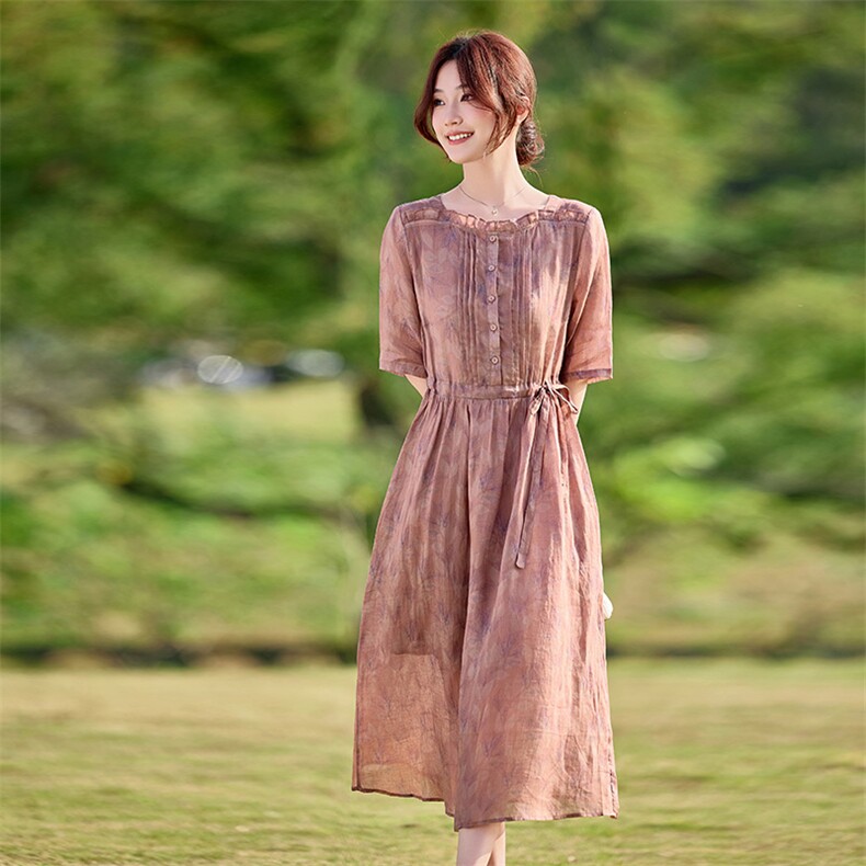 2026年春季短袖苎麻文艺/优雅连衣裙，女装连衣裙，江南依恋