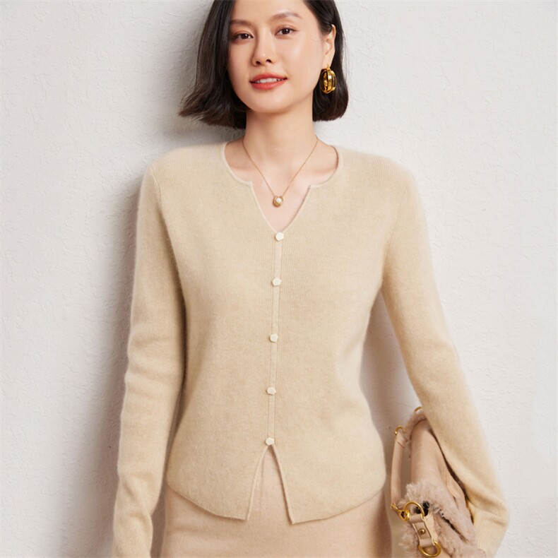 时尚女士双V领扣子长袖衫优雅显瘦10%开衫,女装羊绒衫,臻维羊绒