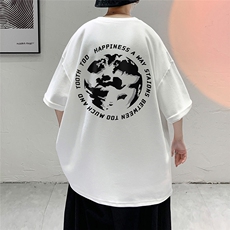 港风纯棉夏季休闲宽松新款短袖T恤地球印花情侣T6017P25控38，男装T恤，电商A268A