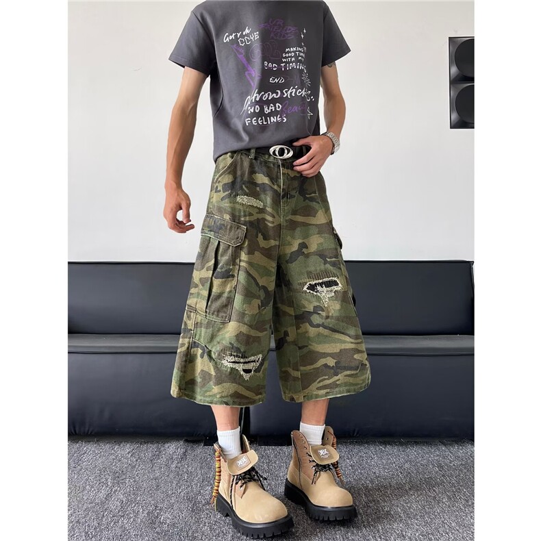 美式复古迷彩工装裤男夏季新款宽松直筒阔腿休闲短裤子,男装牛仔裤,星座410-6（原星座1304-1）