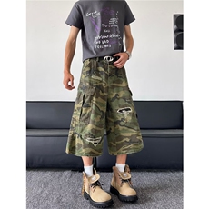美式复古迷彩工装裤男夏季新款宽松直筒阔腿休闲短裤子，男装牛仔裤，星座410-6（原星座1304-1）