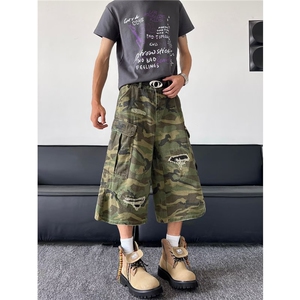 美式复古迷彩工装裤男夏季新款宽松直筒阔腿休闲短裤子图片