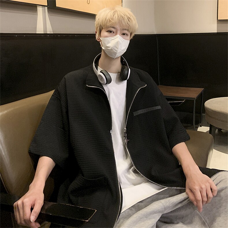 夏季短袖翻领衬衫男美式复古衬衣华夫格双拉链衬衫CS01270-P45,男装衬衫,星座308B-1