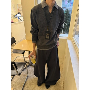 重磅北极绒假两件衬衫领毛衣美式高街复古休闲慵懒纯色翻领针织衫图片
