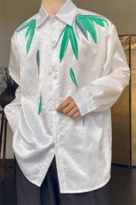 新款中式缎面竹叶印花翻领长袖男女衬衫复古风禅意衬衫C188P80，男装衬衫，电商A345