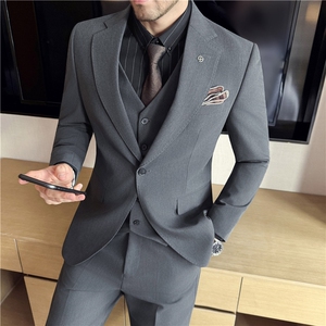 秋冬免烫抗皱色织高档面料纯色西装三件套西服中灰色SJT8065-P285,男装西服,电商A213