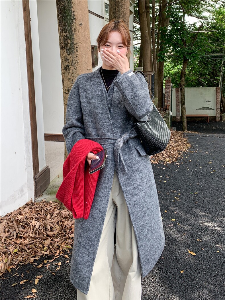 新品灰色假两件长款双面羊毛大衣1C045-H3528P295K438,女装毛呢外套,红龙果