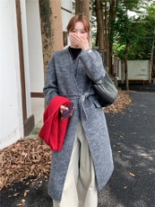 新品灰色假两件长款双面羊毛大衣1C045-H3528P295K438，女装毛呢外套，红龙果