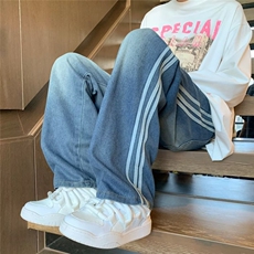 条纹牛仔裤男春季美式高街vibe阔腿长裤潮牌复古水洗K8177-P48，男装牛仔裤，星座1109-3