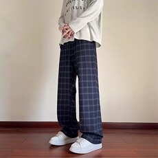 何以至此蓝色格子裤子男款夏季薄款微喇弯刀裤cleanfit运动休闲裤，男装休闲裤，星座1210-1