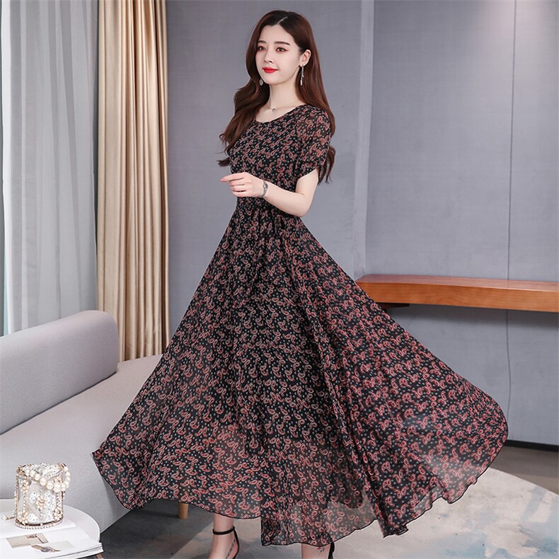 长袖圆领连衣裙女2021春夏新款收腰显瘦大摆雪纺长款连衣裙，女装连衣裙，潮品会