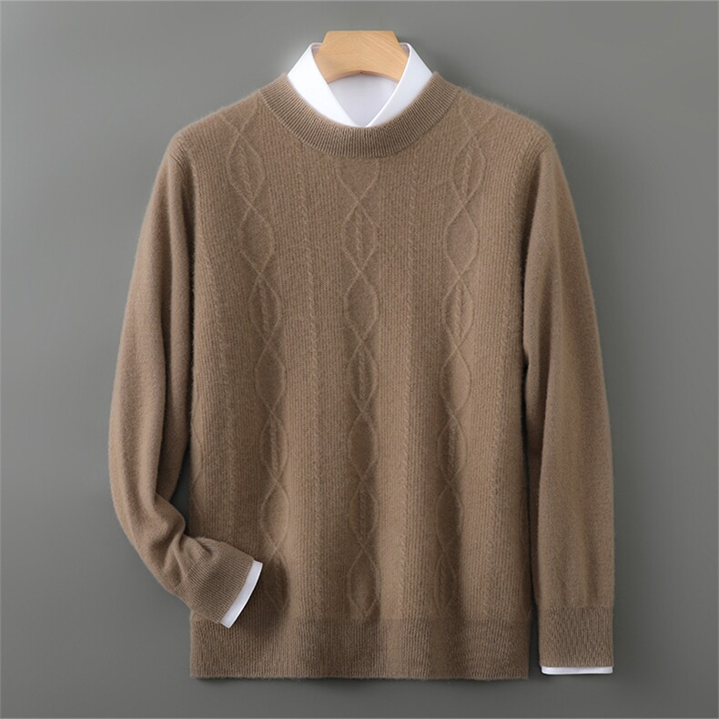 秋冬100%纯羊毛衫男士圆领绞花宽松商务休闲套头毛衣羊绒打底衫，男装羊毛衫，宇灿羊绒