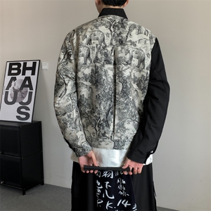 2025春装新品拼接立领夹克男女大码男装水墨画提花潮牌外套图片