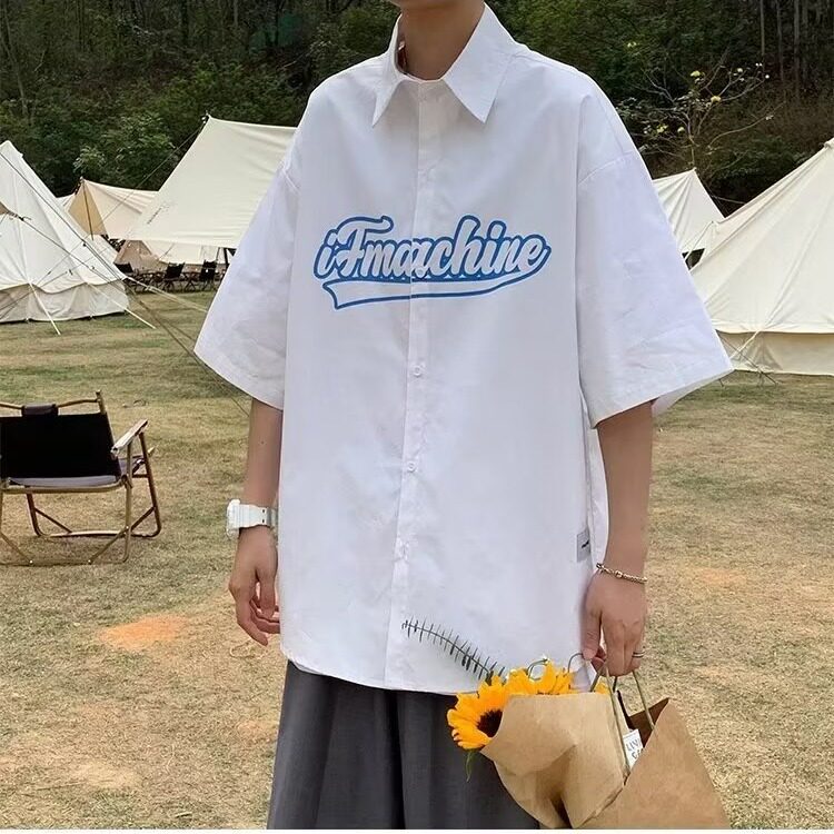 日系开衫贴标印花短袖衬衫男女夏季宽松休闲半袖衬衣垂感翻领bf风图片