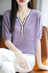 法式高级感莱赛尔花纱针织短袖T恤女撞色上衣25夏薄透气半袖小衫图片