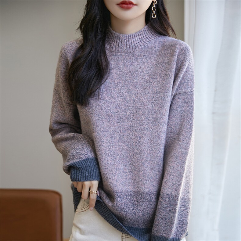 半高领花纱拼色100%纯羊绒衫女保暖宽松慵懒软糯毛衣针织打底上衣图片