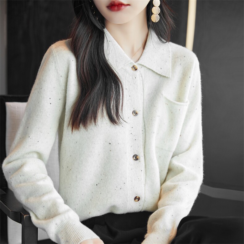 秋冬100%纯羊毛针织衬衫女外套POLO领打底毛衣开衫翻领外搭上衣,女装羊毛衫,昭美羊绒