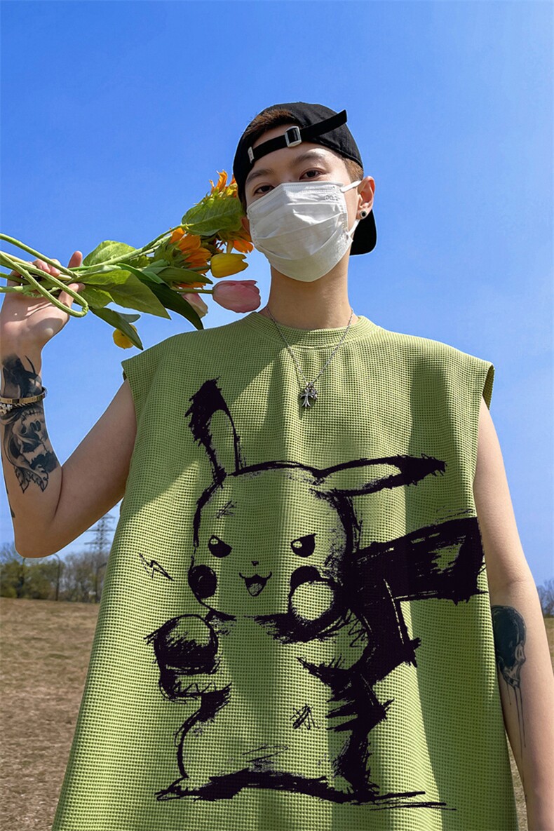 华夫格背心直播高品质重磅220克皮卡丘印花HB61-P25控38,男装背心/马甲,星座508（原C305）