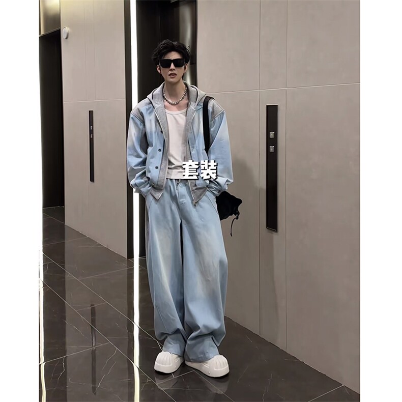 2026春款潮流牛仔拼接连帽夹克套装男W366-P153K366-P92(网图），男装夹克，电商B267