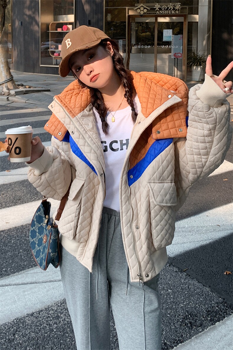 新款现货小个子撞色菱形格棉衣,女装棉衣/棉服,菡迪欧娜
