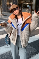 新款现货小个子撞色菱形格棉衣，女装棉衣/棉服，菡迪欧娜