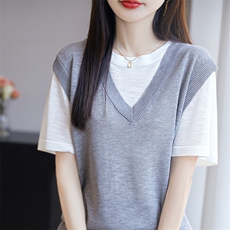 2025新款夏季假两件针织衫女宽松显瘦百搭短袖上衣洋气减龄打底衫，女装针织衫/毛衣，皓宇羊绒