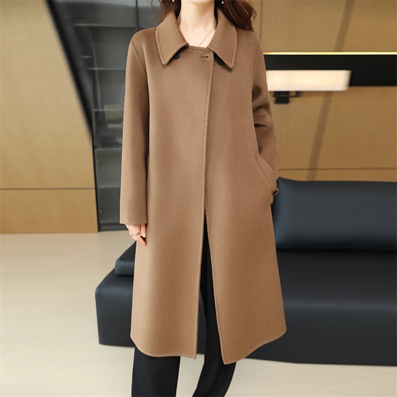 羊毛呢子大衣女中长款秋冬2024新款简约大气，女装双面呢大衣，鹿展羊绒大衣