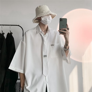 衬衫纯色配领带文艺潮流夏季潮新款男方领七分袖青春流行宽松型图片