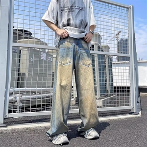 做旧水洗阔腿牛仔裤女春秋宽松设计感高腰直筒垂感长裤图片