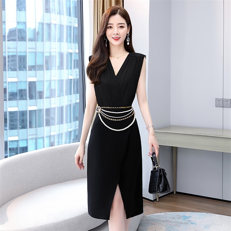 现货2023年夏季时尚撞色拼接修身连衣裙送腰带,女装连衣裙,时尚俏佳人