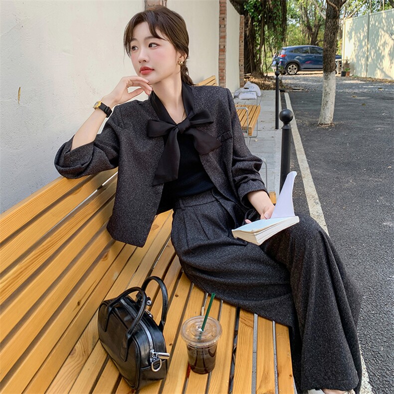 高级感小香风套装女2025春季新款蝴蝶结系带外套阔腿裤显瘦两件套,女装套装/套裙,2C095