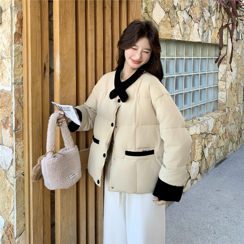 韩版撞色拼接羽绒服女短款冬季新款宽松显瘦面包服白鸭绒保暖外套,女装羽绒服,2C159